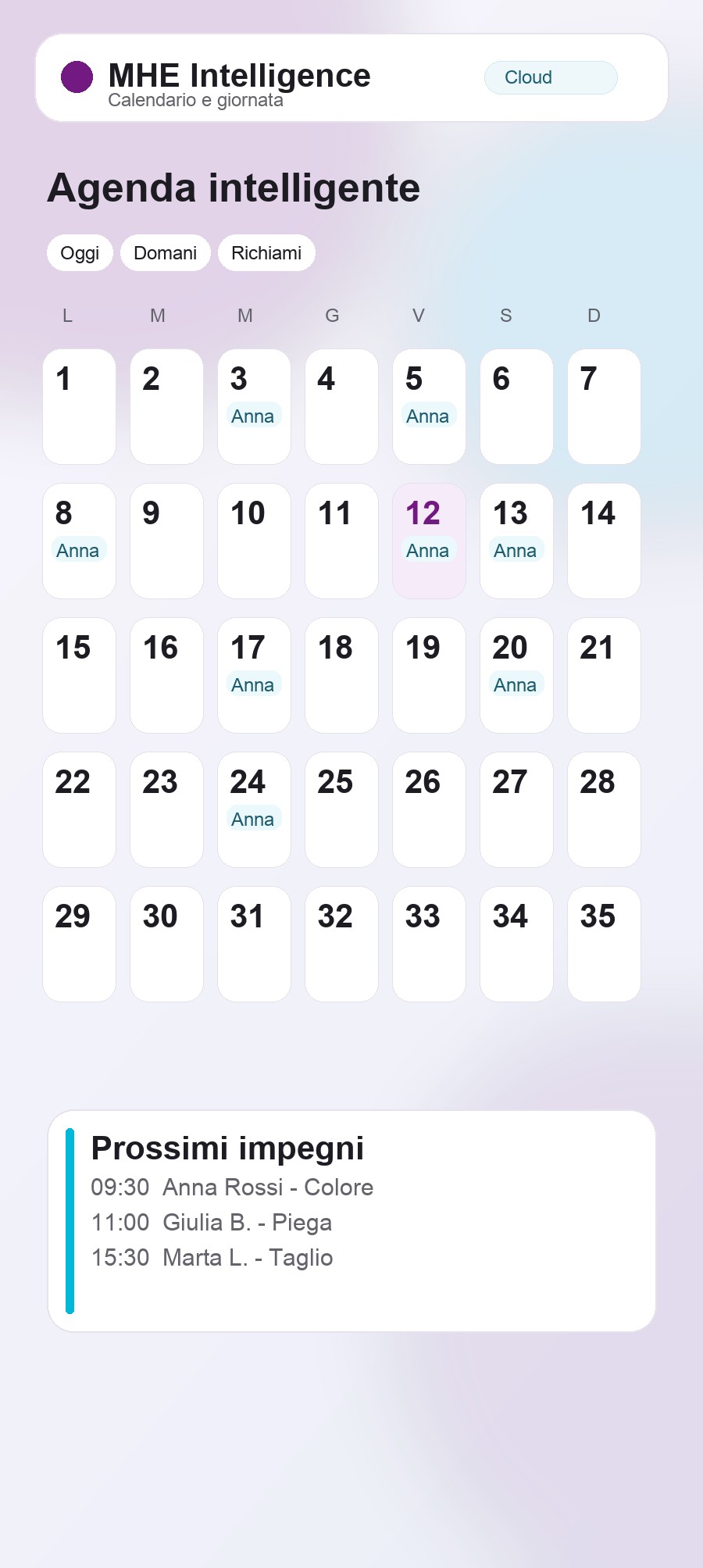 Schermata: calendario agenda